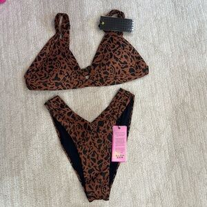 One Swimwear Leopard Print Bikini Set Top L Bottom M